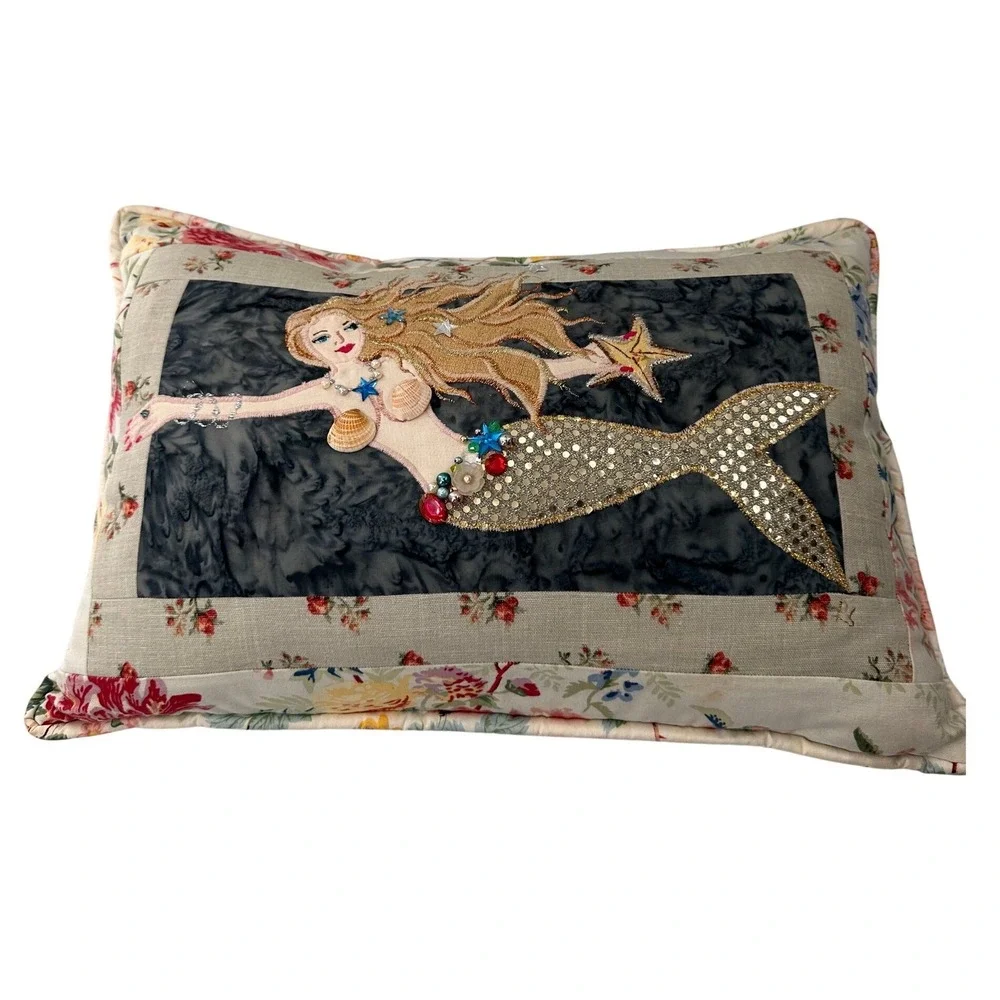 Handmade Mermaid Accent Pillow Embroidered Shells Floral 20x13 Coastal Decor